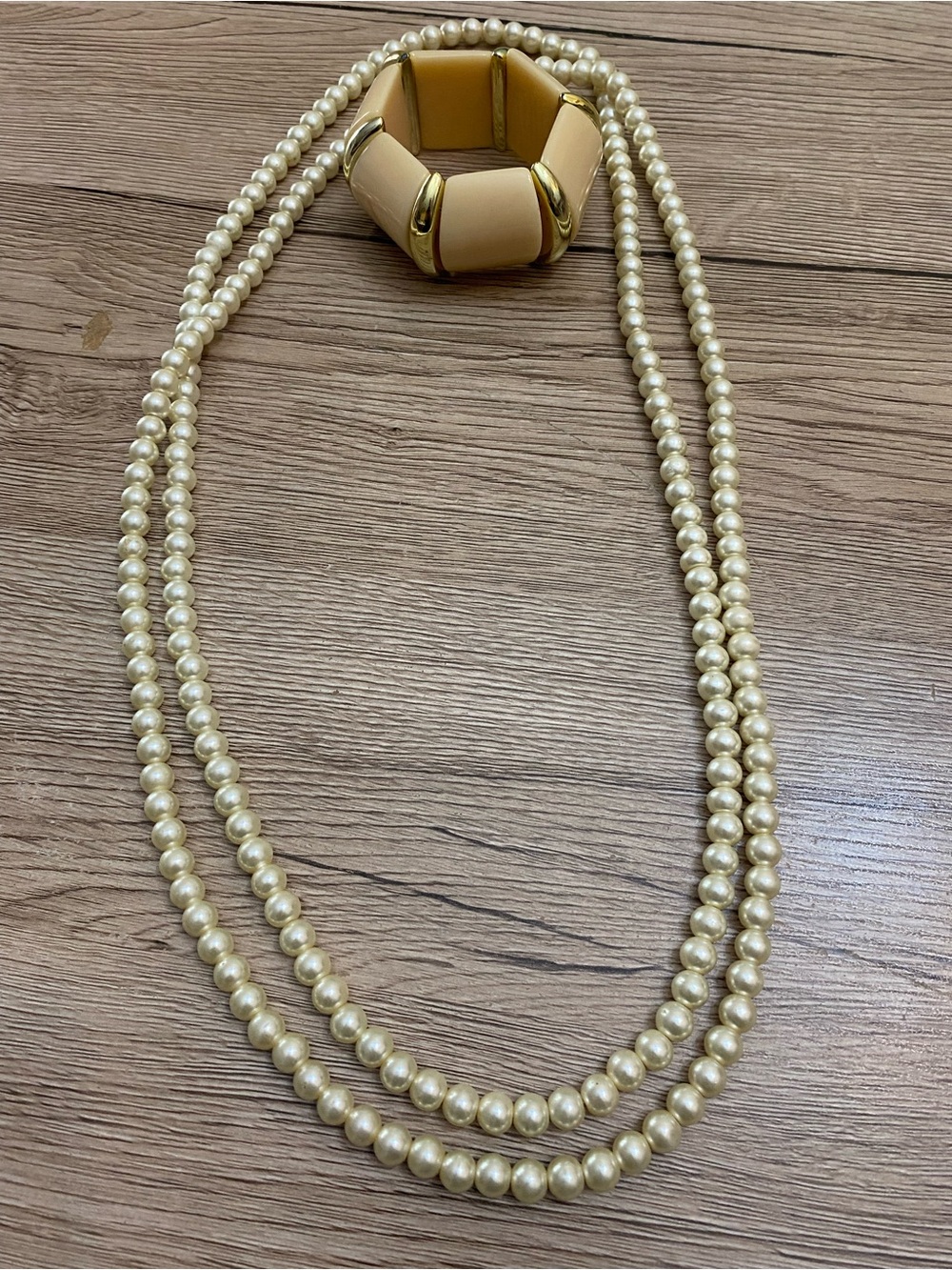 Cream Double Strand Faux Pearl Necklace with Gold-Tone Accent Bracelet